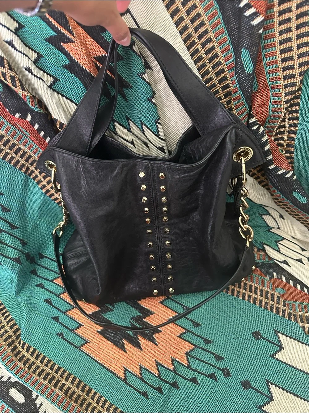Michael Kors Black Leather Stud-Detail Shoulder Bag with Gold Hardware